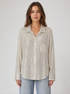 Tracy Porter Collective Silver Sequin Oversized Button Down Blouse Large NWOT